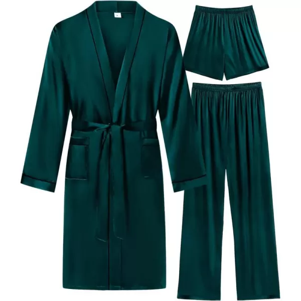 SWOMOG Mens 3 PCS Satin Robe with Pants amp Shorts Set Kimono Bathrobe Long Sleeve Sleepwear Pjs Sets with PocketsDeep Green