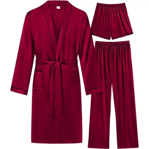 SWOMOG Mens 3 PCS Satin Robe with Pants amp Shorts Set Kimono Bathrobe Long Sleeve Sleepwear Pjs Sets with PocketsDeep Wine Red