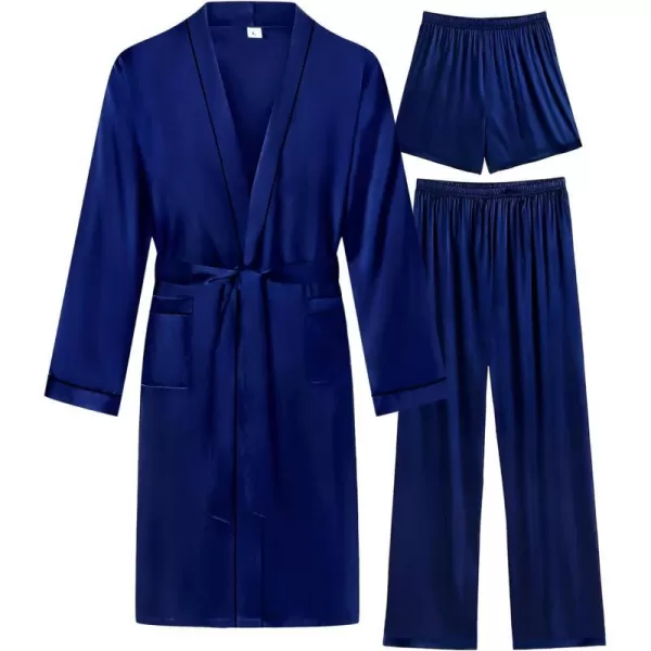 SWOMOG Mens 3 PCS Satin Robe with Pants amp Shorts Set Kimono Bathrobe Long Sleeve Sleepwear Pjs Sets with PocketsNavy Blue