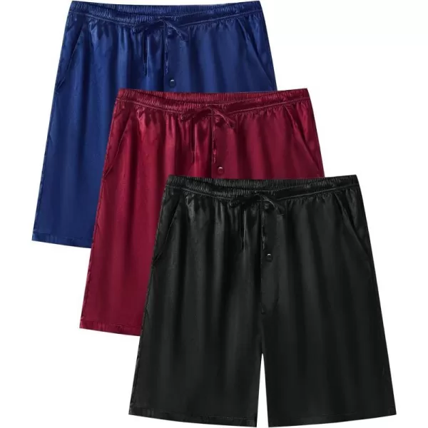 SWOMOG Mens 3 Pack Satin Pajama Shorts Silk Pajama Boxer Lounge Sleep Bottoms Button Fly with Pockets amp DrawstringBlackNavy BlueWine Red