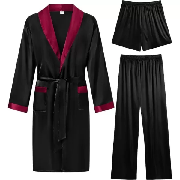 SWOMOG Mens 3 Pcs Robe Silk Satin Kimono Bathrobe with ShortsampPants Set Lightweight Soft SleepwearBlack