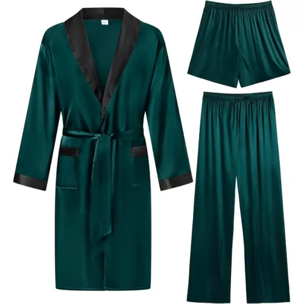 SWOMOG Mens 3 Pcs Robe Silk Satin Kimono Bathrobe with ShortsampPants Set Lightweight Soft SleepwearDark Green