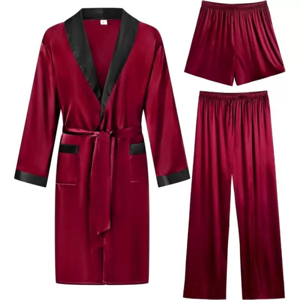 SWOMOG Mens 3 Pcs Robe Silk Satin Kimono Bathrobe with ShortsampPants Set Lightweight Soft SleepwearDark Wine Red