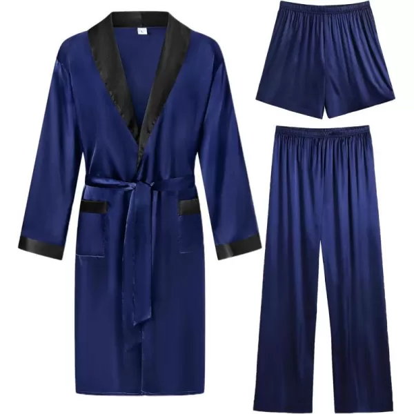 SWOMOG Mens 3 Pcs Robe Silk Satin Kimono Bathrobe with ShortsampPants Set Lightweight Soft SleepwearNavy Blue