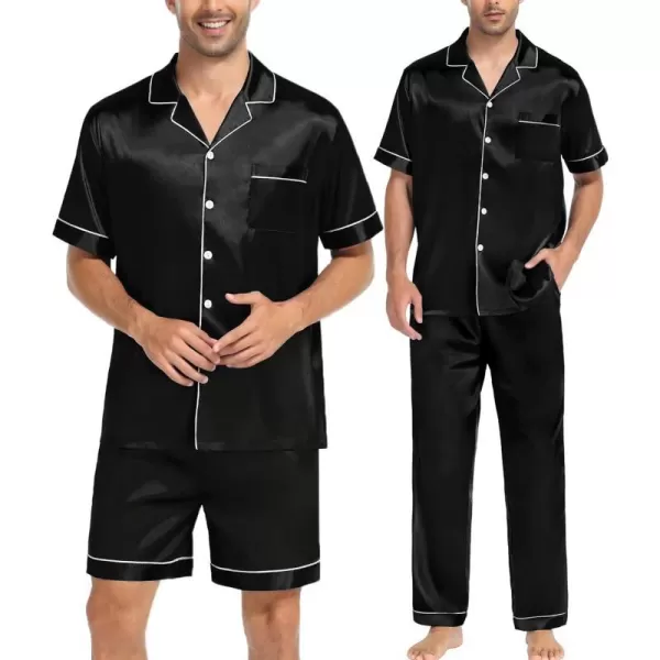 SWOMOG Mens 3pcs Pajamas Set Silk Satin Short Sleeve Sleepwear Button Down Pjs Classic Loungewear NightwearBlack