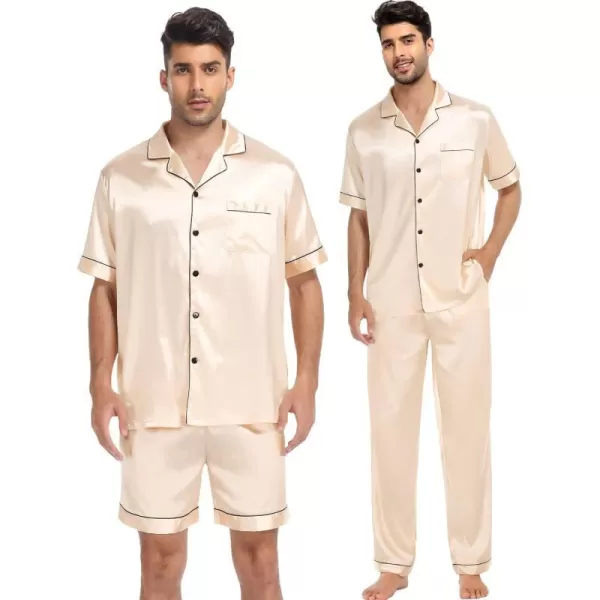 SWOMOG Mens 3pcs Pajamas Set Silk Satin Short Sleeve Sleepwear Button Down Pjs Classic Loungewear NightwearChampagne