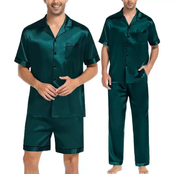 SWOMOG Mens 3pcs Pajamas Set Silk Satin Short Sleeve Sleepwear Button Down Pjs Classic Loungewear NightwearDeep Green