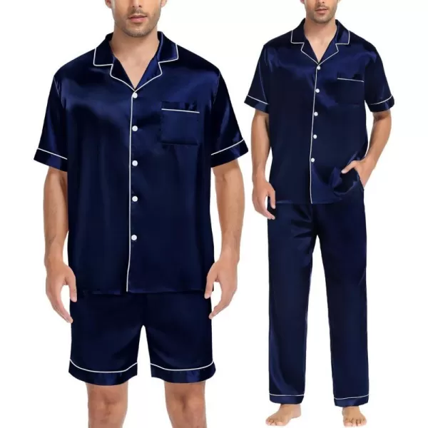 SWOMOG Mens 3pcs Pajamas Set Silk Satin Short Sleeve Sleepwear Button Down Pjs Classic Loungewear NightwearDeep Navy Blue