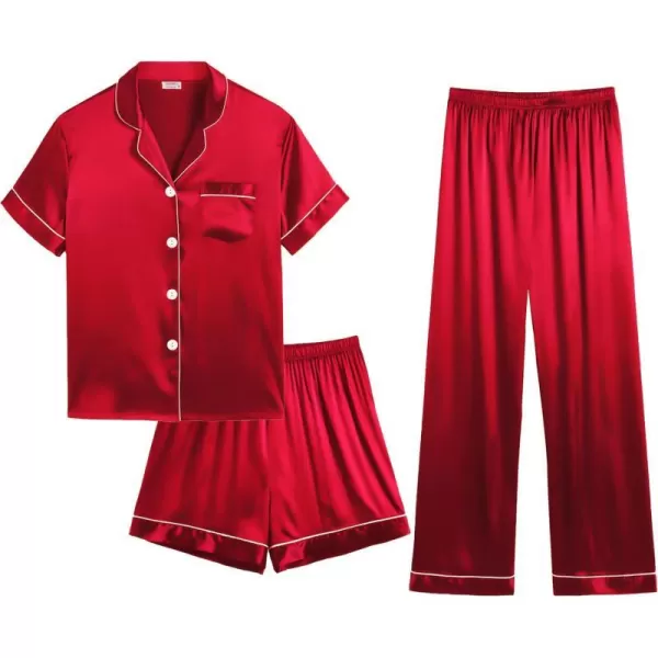 SWOMOG Mens 3pcs Pajamas Set Silk Satin Short Sleeve Sleepwear Button Down Pjs Classic Loungewear NightwearRed