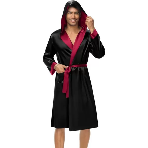 SWOMOG Mens Hooded Robe Satin Bathrobe with Shorts Set Silky Kimono Robe with HoodBlack