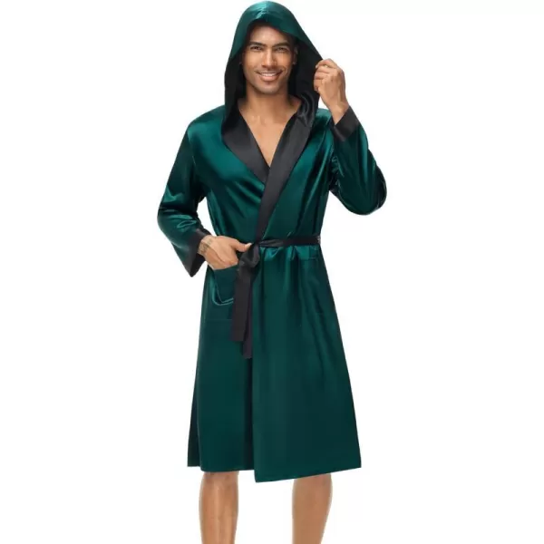 SWOMOG Mens Hooded Robe Satin Bathrobe with Shorts Set Silky Kimono Robe with HoodDark Green