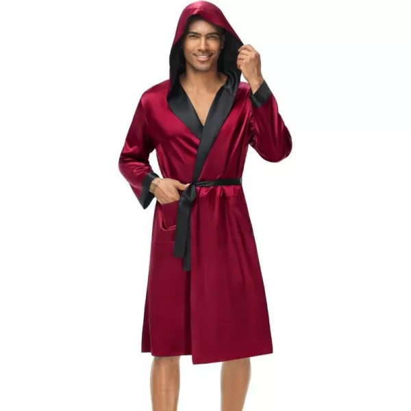 SWOMOG Mens Hooded Robe Satin Bathrobe with Shorts Set Silky Kimono Robe with HoodDark Wine Red