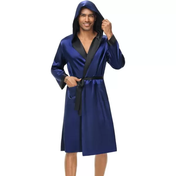 SWOMOG Mens Hooded Robe Satin Bathrobe with Shorts Set Silky Kimono Robe with HoodNavy Blue