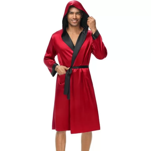 SWOMOG Mens Hooded Robe Satin Bathrobe with Shorts Set Silky Kimono Robe with HoodRed