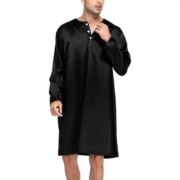 SWOMOG Mens Long Sleeve Nightshirt Satin Nightgown Winter Crewneck Sleepwear Buttonup Soft Pullover Loose Sleep ShirtBlack