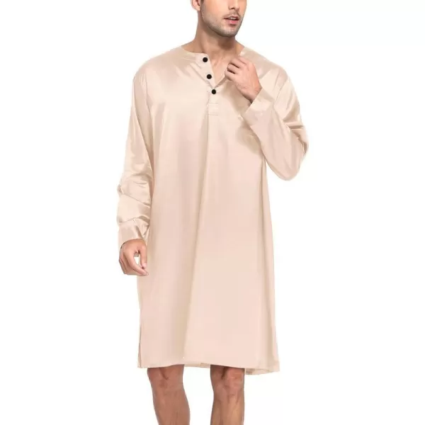 SWOMOG Mens Long Sleeve Nightshirt Satin Nightgown Winter Crewneck Sleepwear Buttonup Soft Pullover Loose Sleep ShirtChampagne