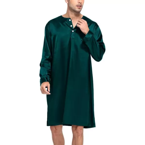 SWOMOG Mens Long Sleeve Nightshirt Satin Nightgown Winter Crewneck Sleepwear Buttonup Soft Pullover Loose Sleep ShirtDark Green