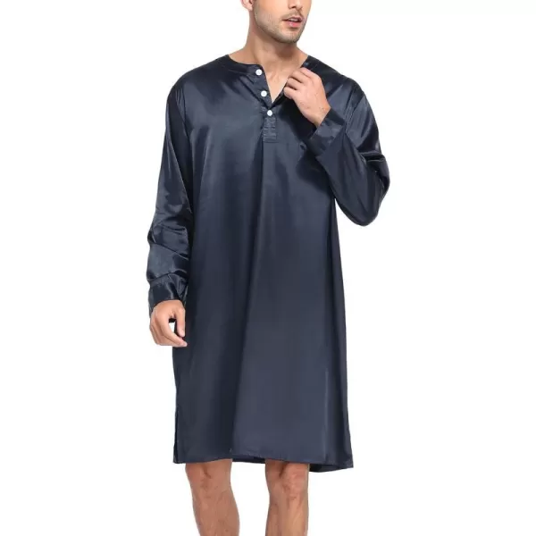 SWOMOG Mens Long Sleeve Nightshirt Satin Nightgown Winter Crewneck Sleepwear Buttonup Soft Pullover Loose Sleep ShirtDark Grey