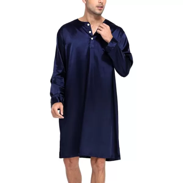 SWOMOG Mens Long Sleeve Nightshirt Satin Nightgown Winter Crewneck Sleepwear Buttonup Soft Pullover Loose Sleep ShirtDark Navy Blue