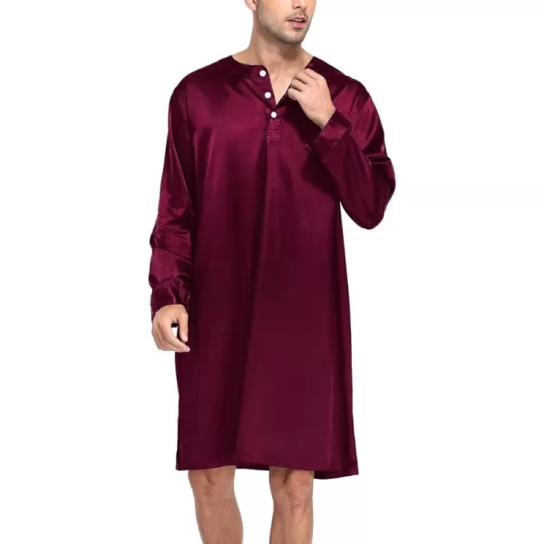 SWOMOG Mens Long Sleeve Nightshirt Satin Nightgown Winter Crewneck Sleepwear Buttonup Soft Pullover Loose Sleep ShirtDark Wine Red