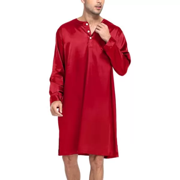 SWOMOG Mens Long Sleeve Nightshirt Satin Nightgown Winter Crewneck Sleepwear Buttonup Soft Pullover Loose Sleep ShirtRed