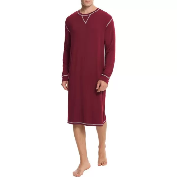 SWOMOG Mens Nightshirt Long Sleeve Nightgown Soft Loose Sleepwear Lightweight Nightwear Comfy Henley Sleep Shirt SXXLWine Red