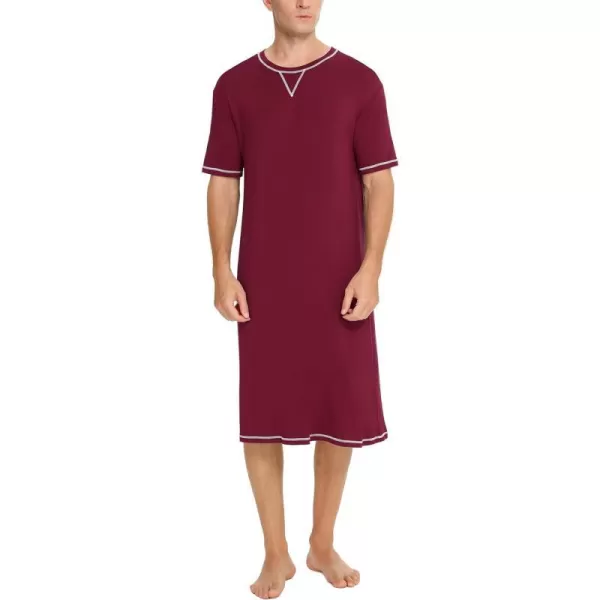 SWOMOG Mens Nightshirt Short Sleeve Nightgown Soft Loose Sleepwear Lightweight Nightwear Comfy Henley Sleep Shirt SXXLWine Red