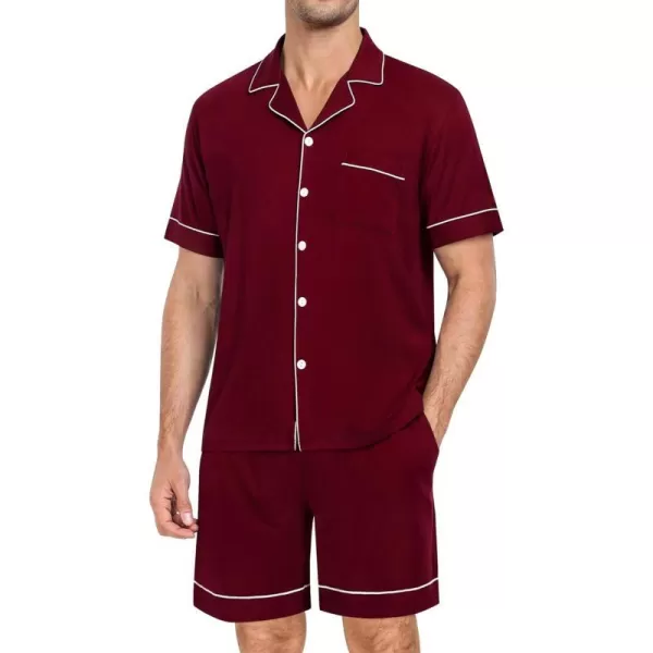 SWOMOG Mens Pajama Set Short Sleeve 2PCS Sleepwear Classic Button Down Loungewear Set Soft Modal Pj Set with PocketsWine Red