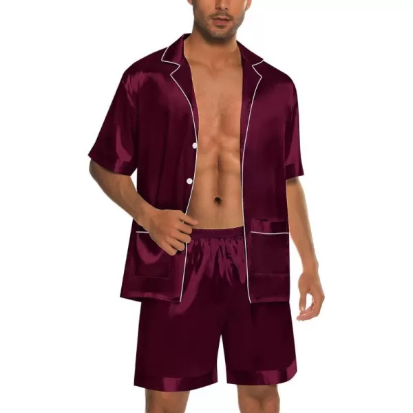 SWOMOG Mens Satin Pajamas Set 2 Piece Pj Button Down Loungewear 2 Piece Set Comfy Sleepwear with ShortsDark Wine Red