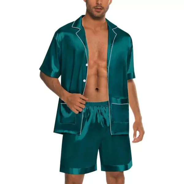 SWOMOG Mens Satin Pajamas Set 2 Piece Pj Button Down Loungewear 2 Piece Set Comfy Sleepwear with ShortsGreen