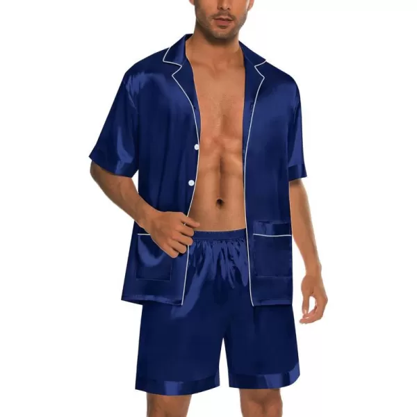 SWOMOG Mens Satin Pajamas Set 2 Piece Pj Button Down Loungewear 2 Piece Set Comfy Sleepwear with ShortsNavy Blue