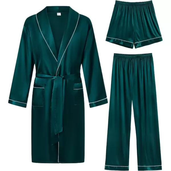 SWOMOG Mens Satin Robe 3 Pcs Silky Kimono Bathrobe Set Lightweight Soft Loungewear NightwearDark Green