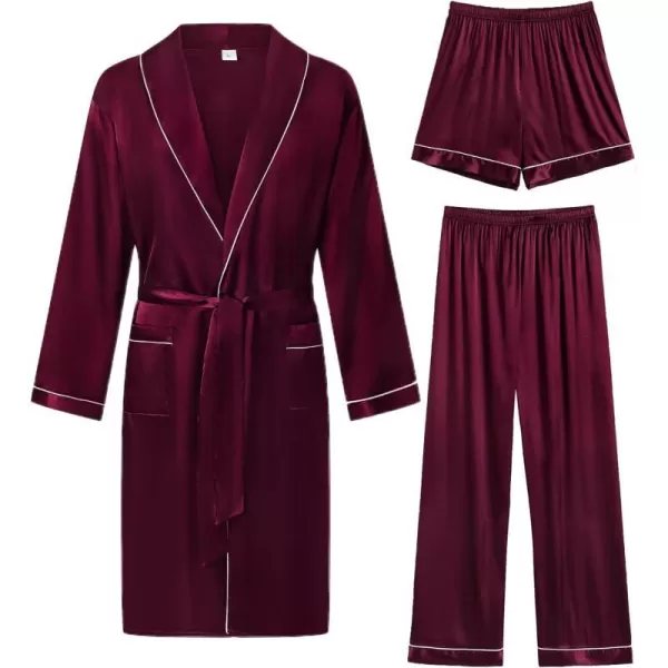 SWOMOG Mens Satin Robe 3 Pcs Silky Kimono Bathrobe Set Lightweight Soft Loungewear NightwearDark Wine Red