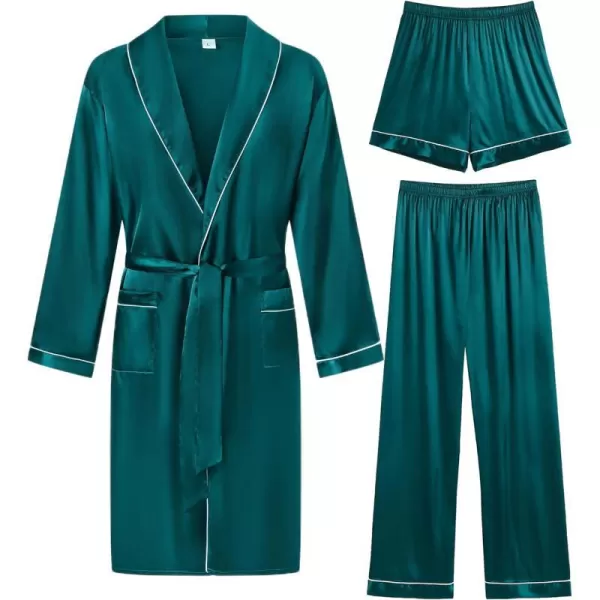 SWOMOG Mens Satin Robe 3 Pcs Silky Kimono Bathrobe Set Lightweight Soft Loungewear NightwearGreen