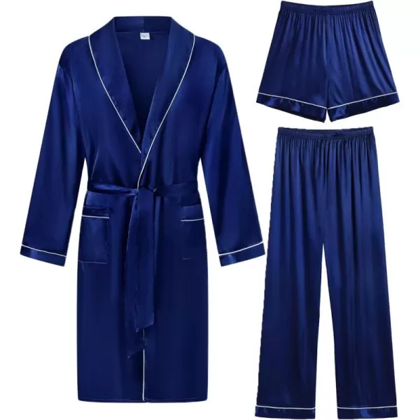 SWOMOG Mens Satin Robe 3 Pcs Silky Kimono Bathrobe Set Lightweight Soft Loungewear NightwearNavy Blue