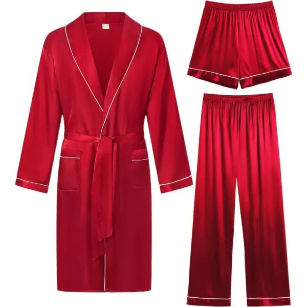 SWOMOG Mens Satin Robe 3 Pcs Silky Kimono Bathrobe Set Lightweight Soft Loungewear NightwearRed