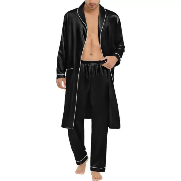 SWOMOG Mens Satin Robe Silky Kimono Bathrobe Set Lightweight Soft Loungewear NightwearBlack