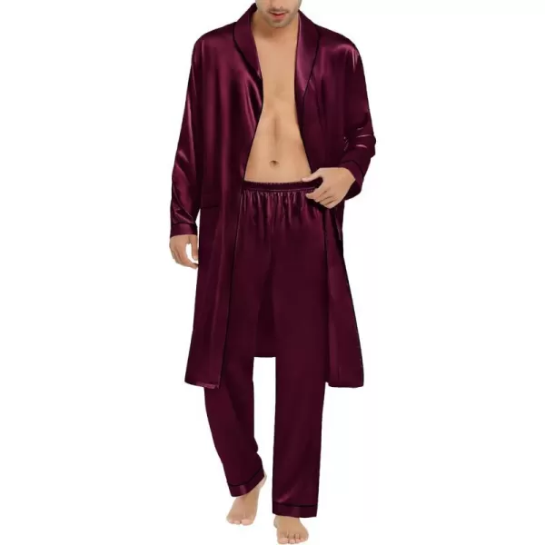 SWOMOG Mens Satin Robe Silky Kimono Bathrobe Set Lightweight Soft Loungewear NightwearDark Wine Red