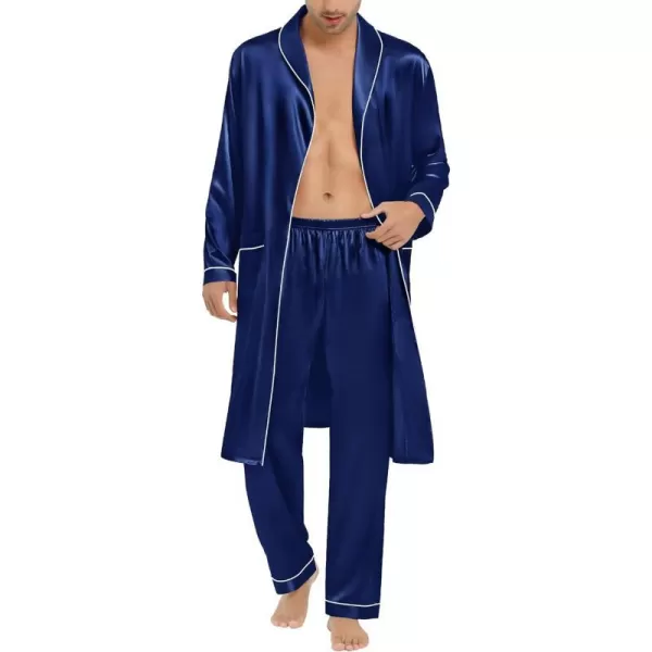 SWOMOG Mens Satin Robe Silky Kimono Bathrobe Set Lightweight Soft Loungewear NightwearNavy Blue