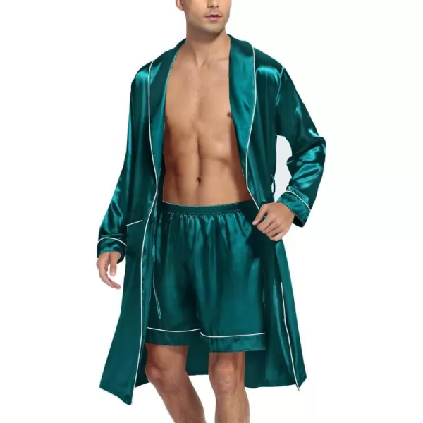 SWOMOG Mens Satin Robe Silky Kimono Bathrobe with Shorts Set Lightweight Soft Loungewear Nightwear0green