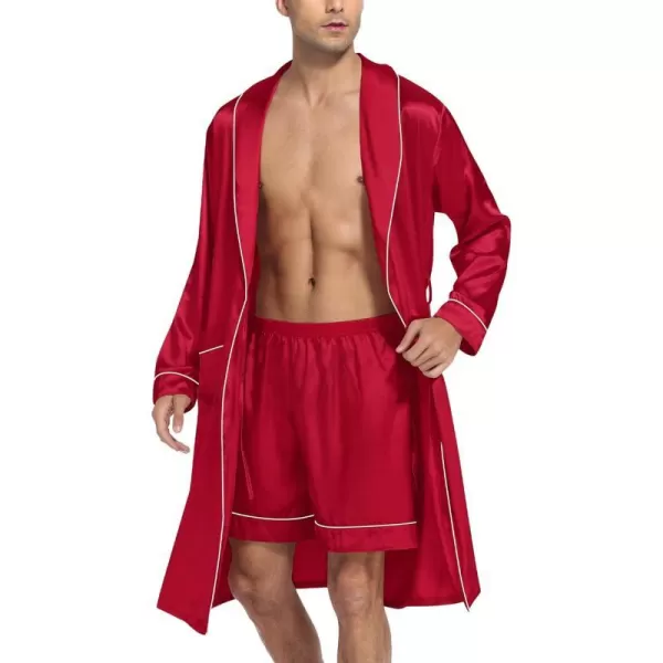 SWOMOG Mens Satin Robe Silky Kimono Bathrobe with Shorts Set Lightweight Soft Loungewear Nightwear0red