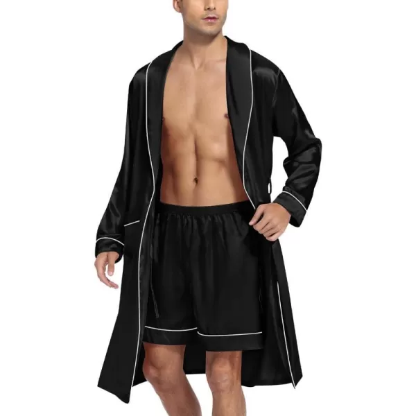 SWOMOG Mens Satin Robe Silky Kimono Bathrobe with Shorts Set Lightweight Soft Loungewear NightwearBlack