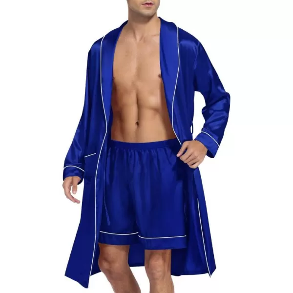 SWOMOG Mens Satin Robe Silky Kimono Bathrobe with Shorts Set Lightweight Soft Loungewear NightwearBlue