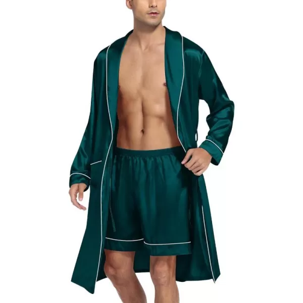 SWOMOG Mens Satin Robe Silky Kimono Bathrobe with Shorts Set Lightweight Soft Loungewear NightwearDark Green