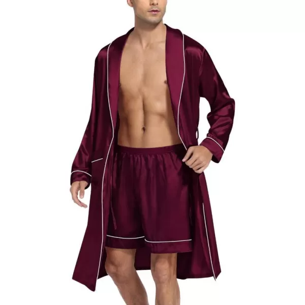 SWOMOG Mens Satin Robe Silky Kimono Bathrobe with Shorts Set Lightweight Soft Loungewear NightwearDark Wine Red