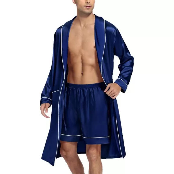 SWOMOG Mens Satin Robe Silky Kimono Bathrobe with Shorts Set Lightweight Soft Loungewear NightwearNavy Blue