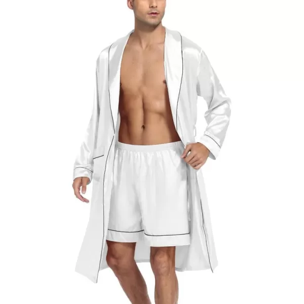 SWOMOG Mens Satin Robe Silky Kimono Bathrobe with Shorts Set Lightweight Soft Loungewear NightwearWhite