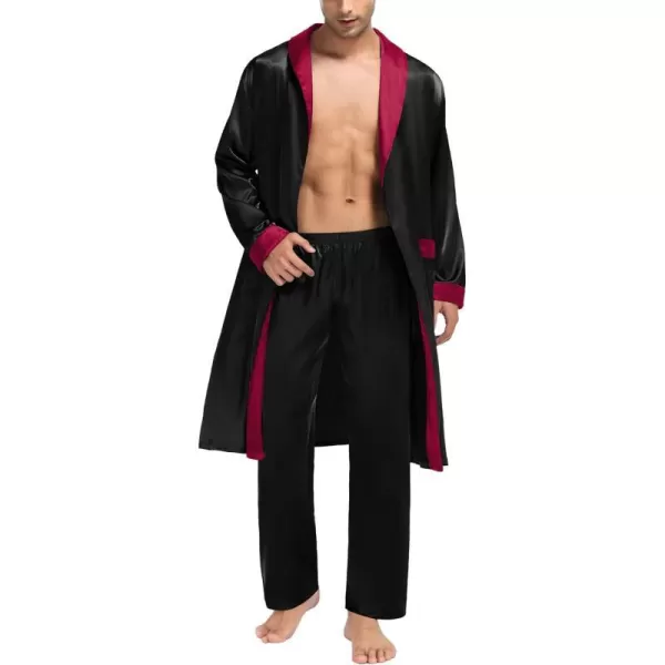 SWOMOG Mens Satin Robe with Pants Set Silky Kimono Bathrobe Lightweight Soft Sleepwear LoungewearBlack