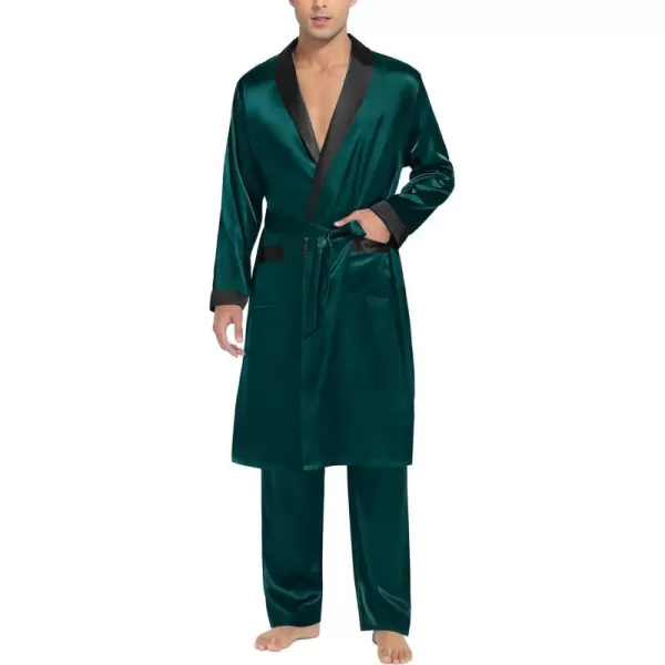 SWOMOG Mens Satin Robe with Pants Set Silky Kimono Bathrobe Lightweight Soft Sleepwear LoungewearDark Green