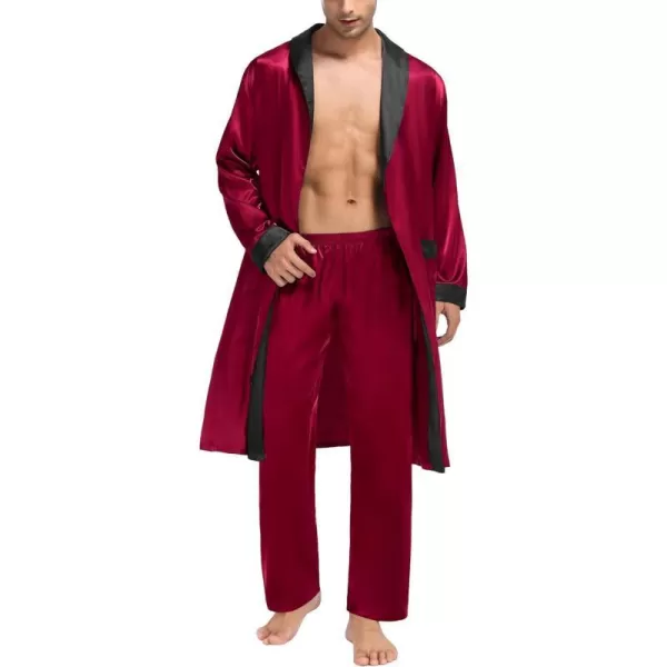 SWOMOG Mens Satin Robe with Pants Set Silky Kimono Bathrobe Lightweight Soft Sleepwear LoungewearDark Wine Red